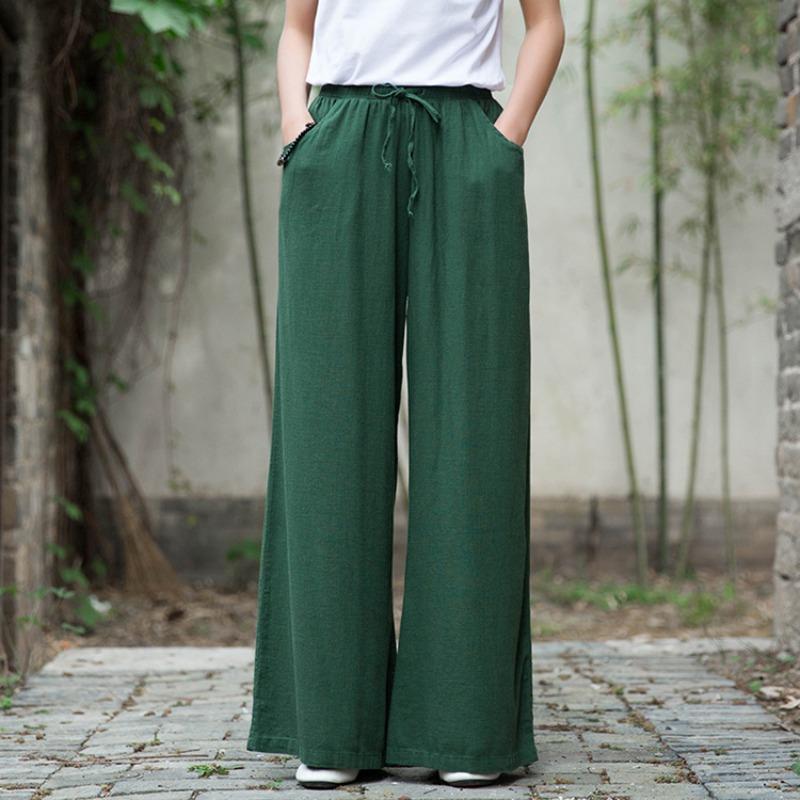 Cotton and Linen Lace-up Trousers Women's Retro Loose Women's Trousers Wide-leg Pants