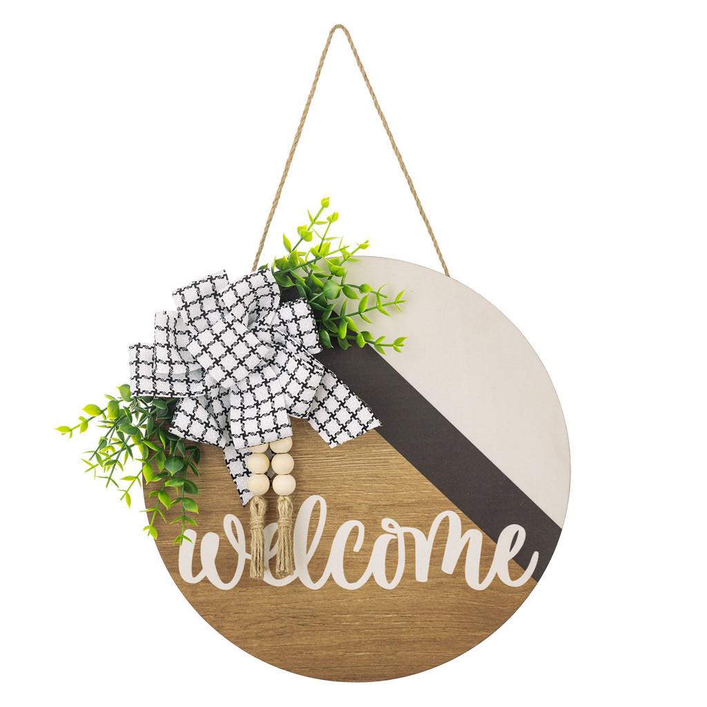 And Black Whimsical White Bow Door Decor Wreath With Rustic Wooden Beads Tassels And