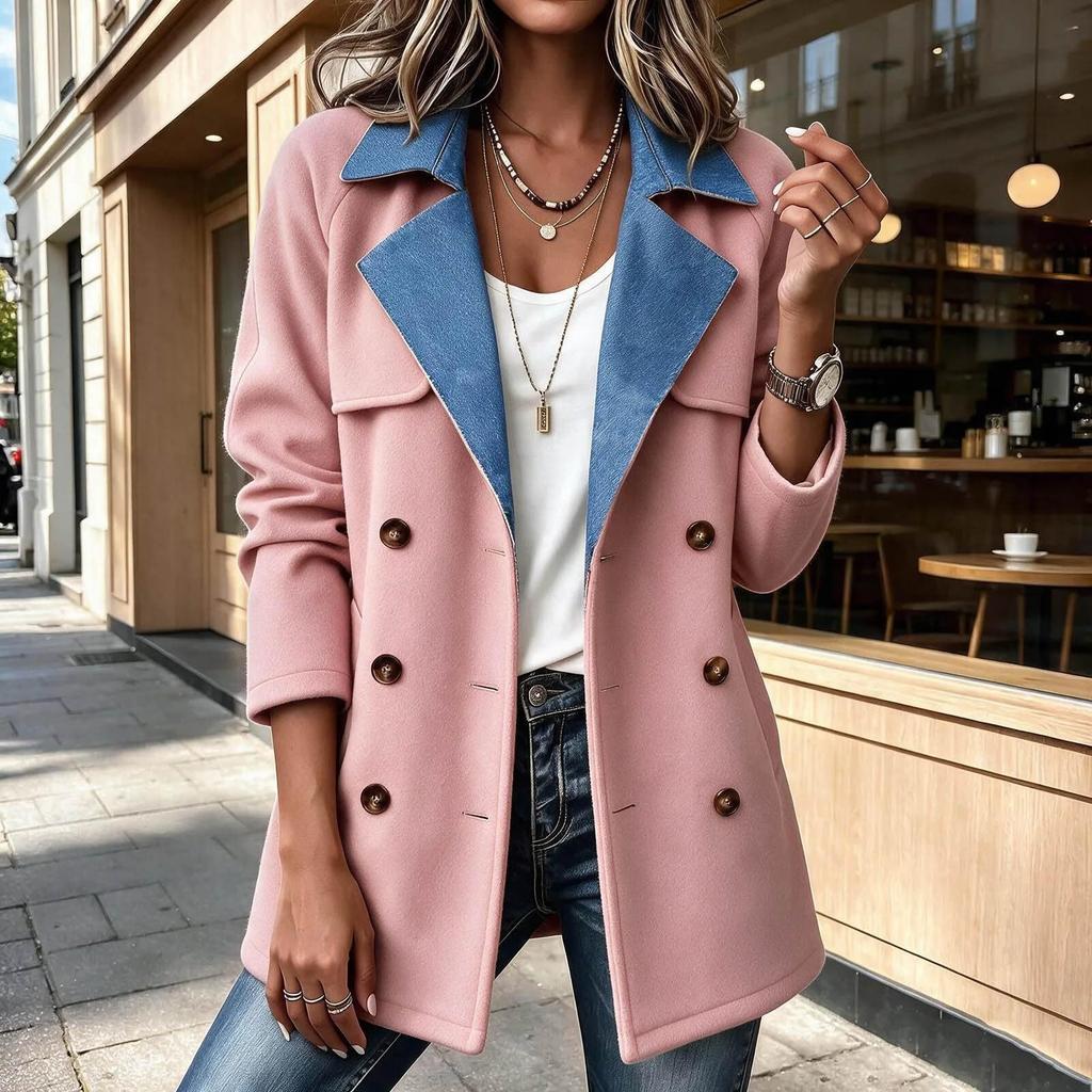 Women's Casual Fashion Double-Breasted Patchwork Coat Jacket for Fall Winter Everyday Wear