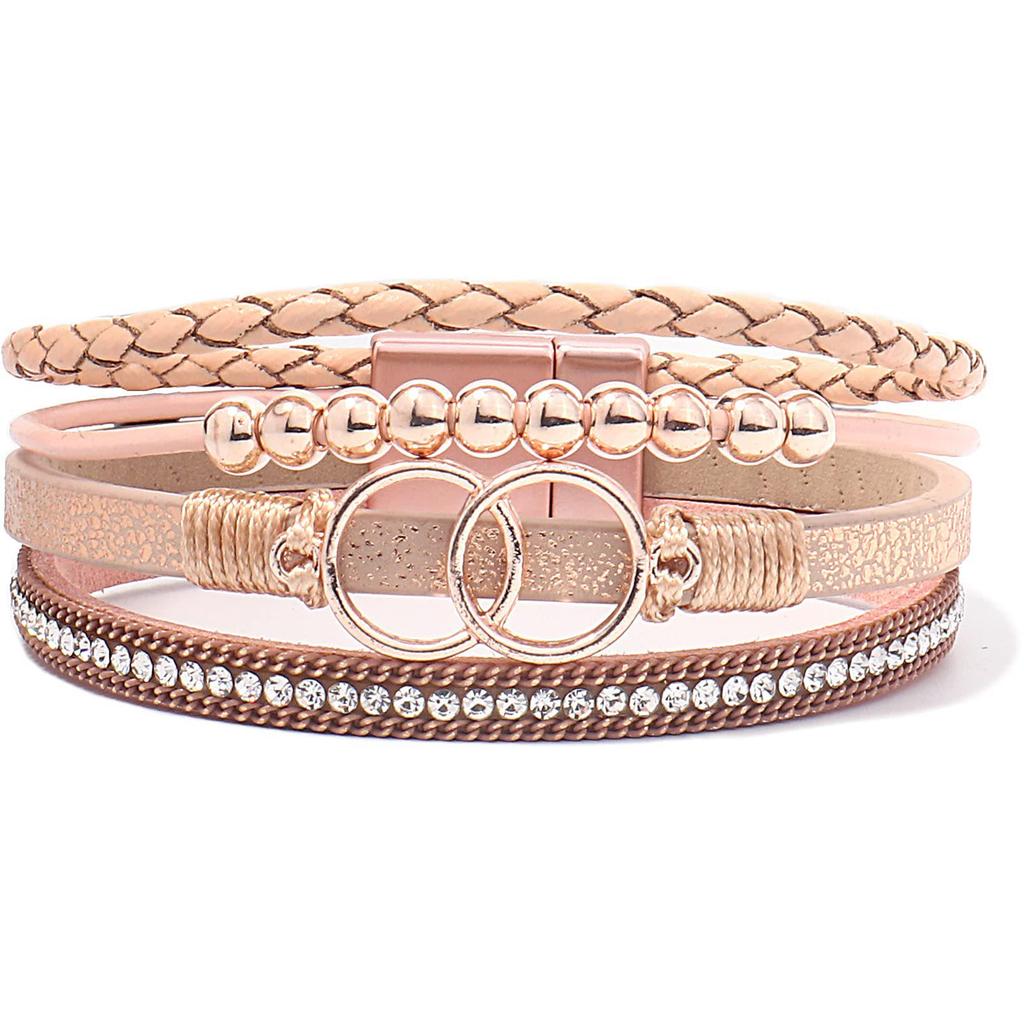 Damen Handgefertigtes Geflochtenes Lederarmband mit Doppelring Magnetverschluss und Strasssteinen