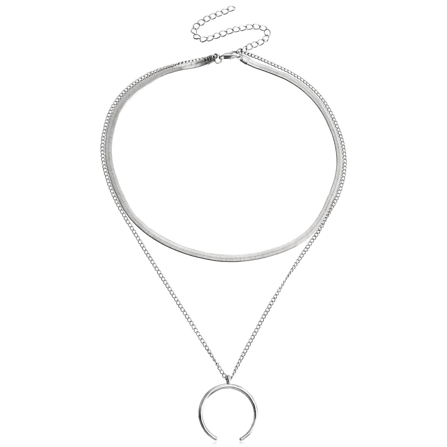 

European and American jewelry, trendy double-layer flat snake chain, crescent moon pendant, necklace, female, cold wind metal texture necklace.