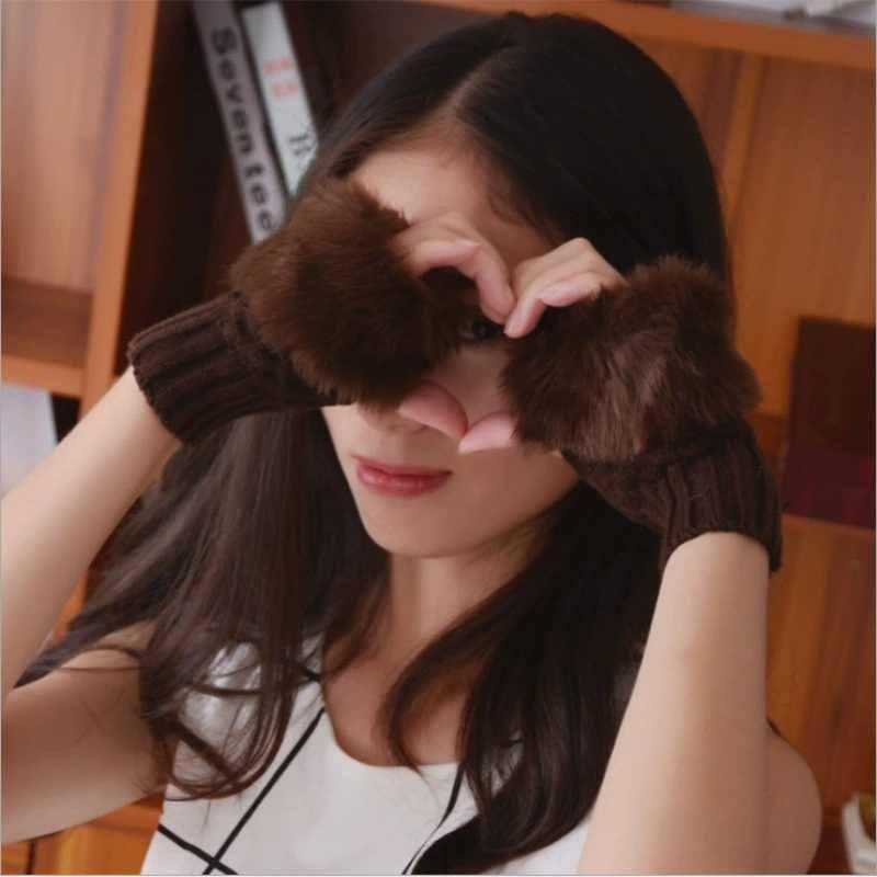 Solid Color Plush Knitted Half Finger Gloves Thickened Warmth Gifts Fashion