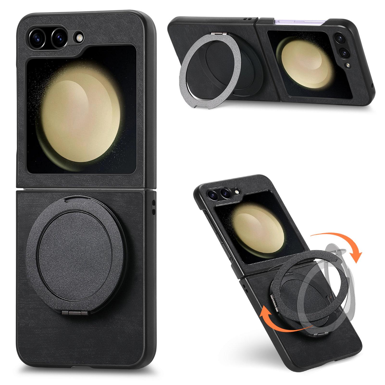 

For Samsung Galaxy Z Flip5 5G Phone Case with Rotating Kickstand Stress Relief Retro Leather Back Cover D