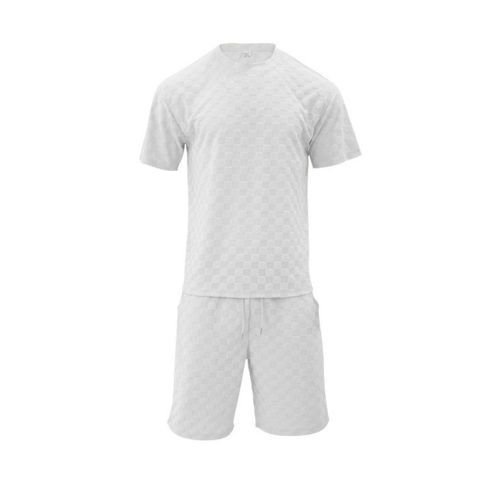 Men's Sports Suit Summer New Korean High Street Jacquard Plaid T-shirt Shorts Two-piece Set Male Casual Retro Loose O-neck Top