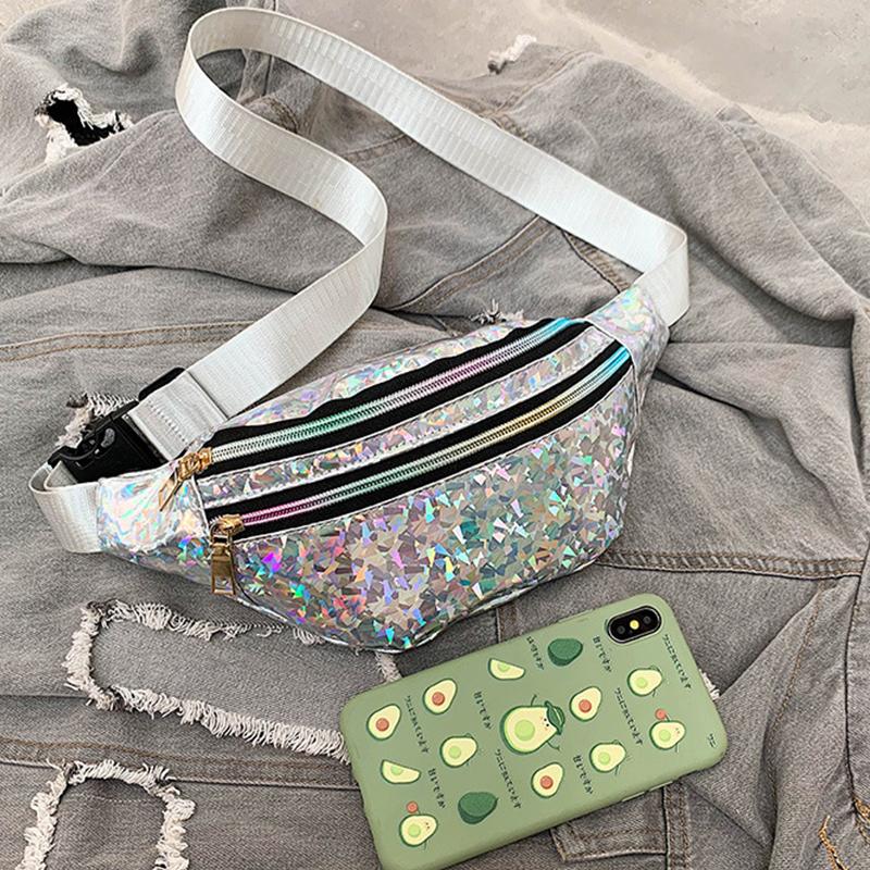 Holographic Fanny Pack Hologram Waist Bag Laser Pu Leather Travel Banana Hip Bum Zip Waist Bags Women Shoulder Bag Quality