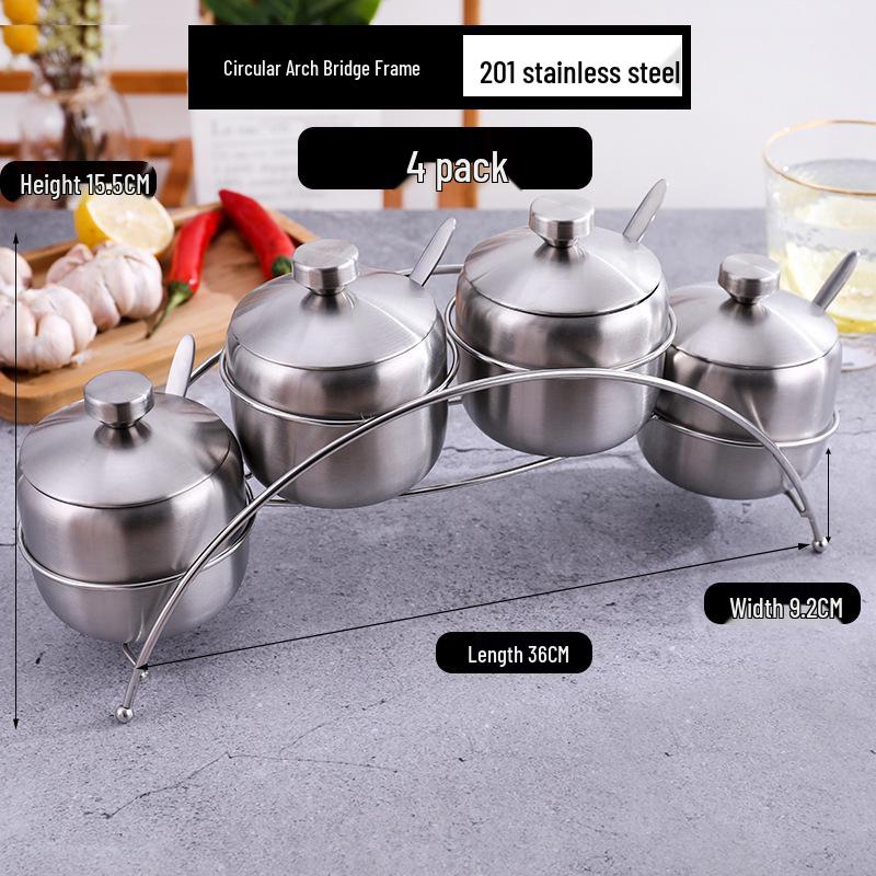 Gold Korean-Style Seasoning Jars, 201 Stainless Steel with Glass Lids On Tray, for Restaurant Use.