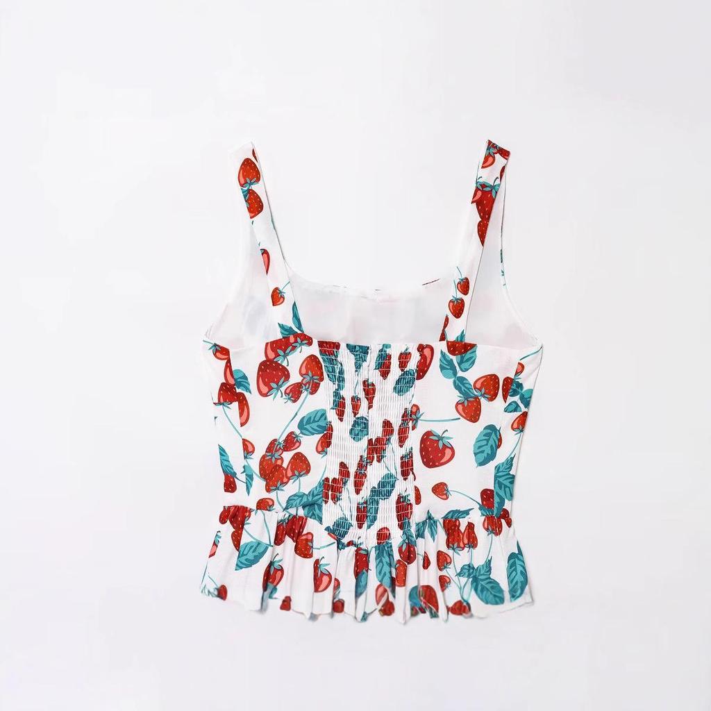 Strawberry Print Waist-Hugging French Long Dress for Women - Spring 2025 European and American Style