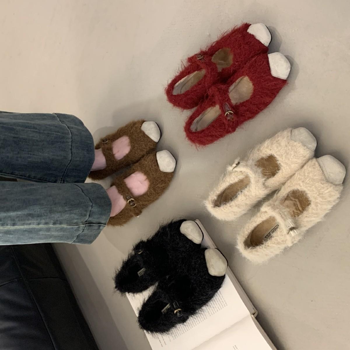 

2025 осень и зима новая круглая голова пряжка на одном ремешке норка волосатая толстая подошва закрывающие ногу бархатные теплые женские хлопковые туфли 35