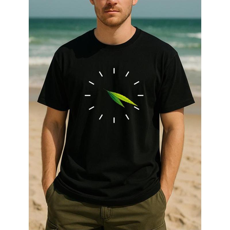 

European Size Green Leaf Clock Label Relaxing Wind All-Season Comfort T-Shirt, Casual Short-Sleeved T-Shirt, Lightweight Round-neck Short-Sleeved 4XL чорний
