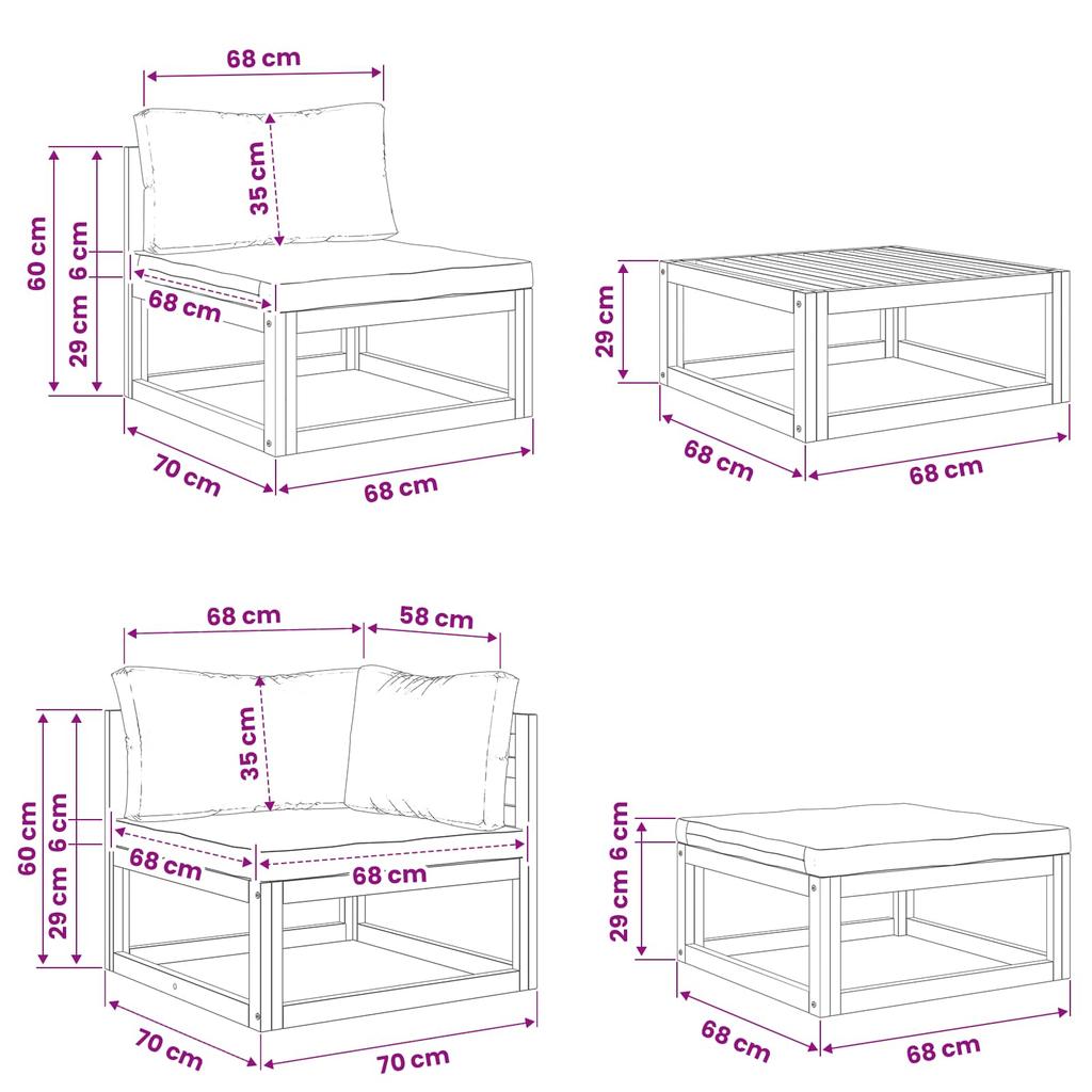 Sofa Set 6 Pieces Natural Solid Acacia Wood