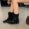 2024 Autumn/Winter New Short Boots Women's Leather Buckle Pointed Suede Flat Bottom Women Platform Boots