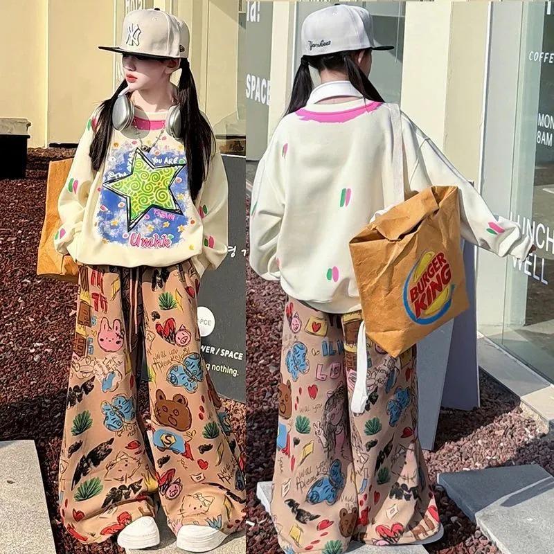 Girls' Trendy Korean Style Hoodie & Wide-Leg Pants Set with Cartoon Design - Casual Spring/Autumn Two-Piece Sportswear