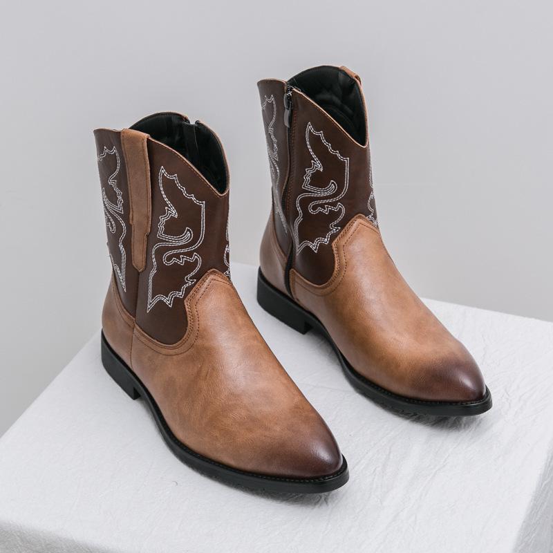 Men's Retro Western High-Top Boots: Large Size, Matte Leather, Pointed Toe, Chunky Heel, Embroidered, Autumn/Winter.