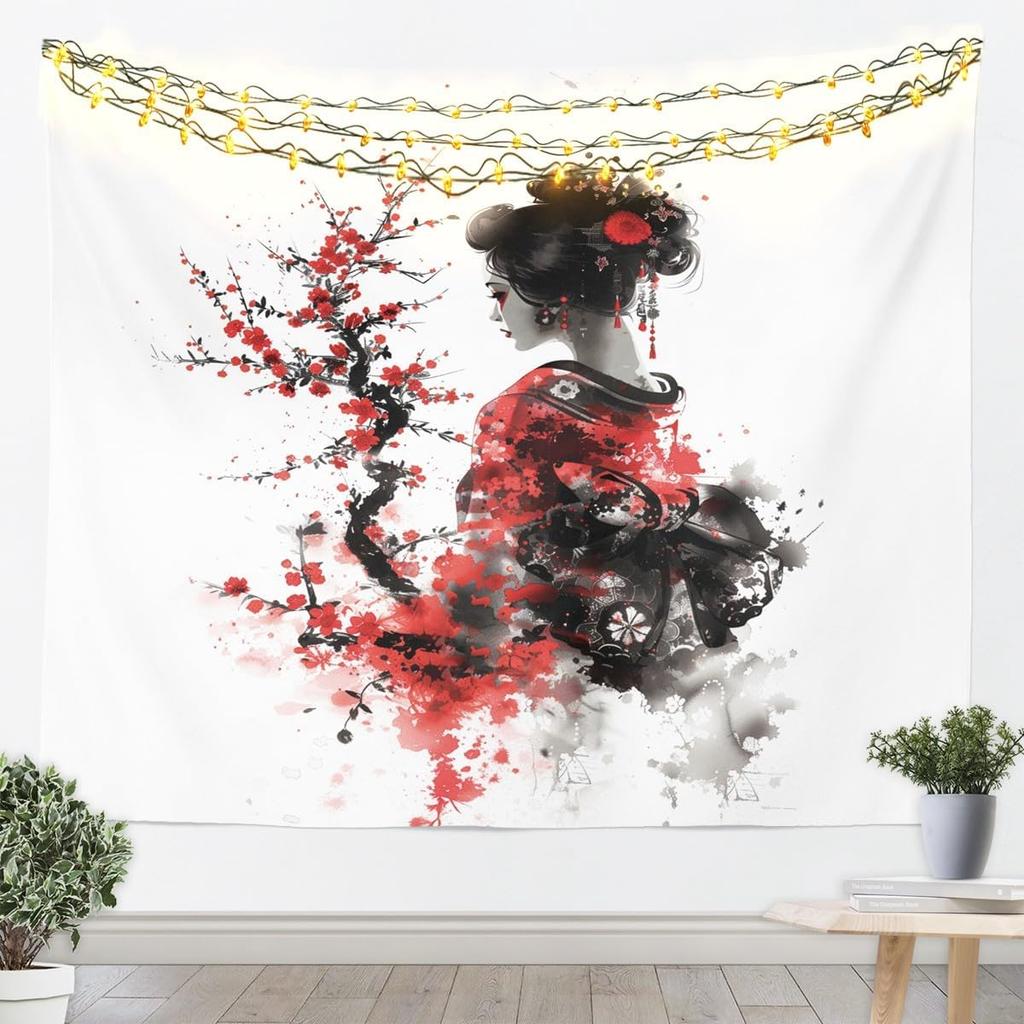 Japan Geisha Tapestry Cherry Blossoms Wall Art Japanese Tradition Wall Hanging Blanket for Living Room Bedroom Home Decor Small