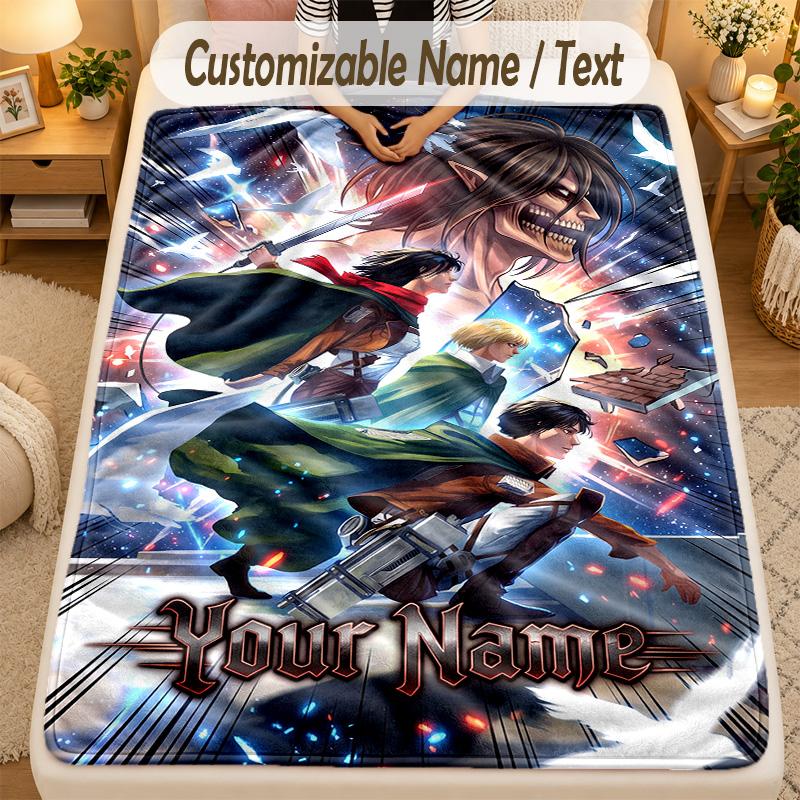 Flannel BlanketAttack on Titan Custom Name Text Personalized Soft Warm Throw Blanket Home Decor Gift