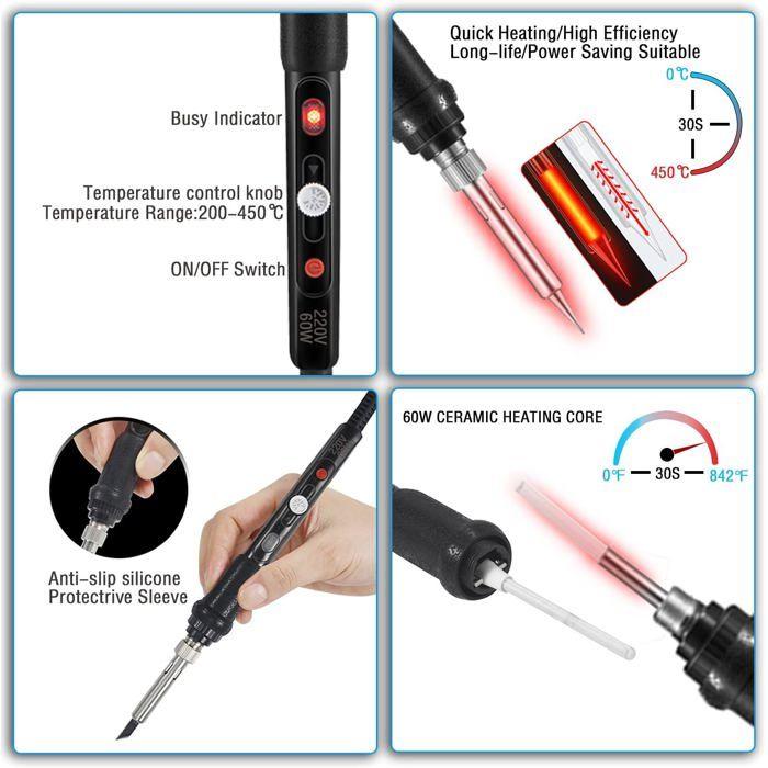 Fer à souder - XODMAO - Kit 60W - Température réglable 200-450°C - Interrupteur ON/OFF - 5 embouts inclus