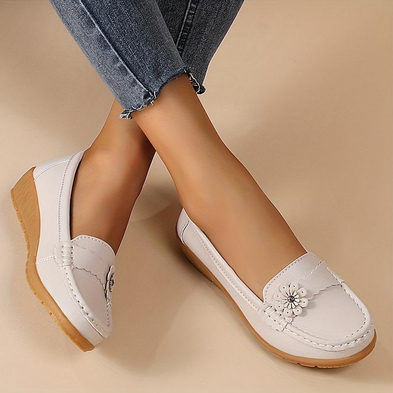 Women's Flower Decor Flat Loafers, Casual Solid Color Slip On Shoes, Lightweight & Comfortable Shoes