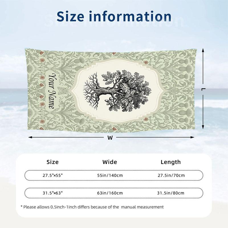 Tree Life Fantasy Artwork Theme Quick Dry Beach Towel Custom Name Text Print Large Sand Resistant Towel Beach Vacation