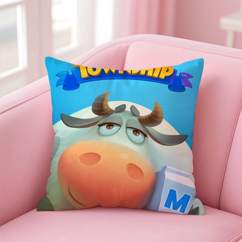 Kwaii Game Anime T-Township Cushion Cover Pillowcase Short Plush Invisible Zipper Room Sofa Cushion Cover