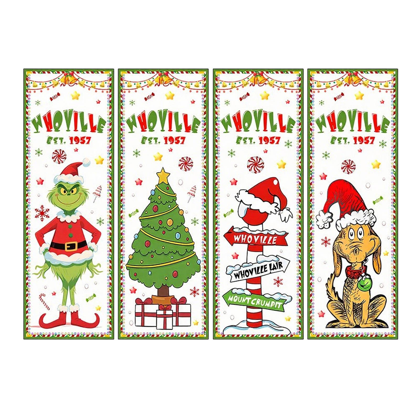 

New Christmas Flag Four-piece Set, Christmas Background Bugrinch Family Atmosphere Decorative Hanging Cloth Banner. One Size