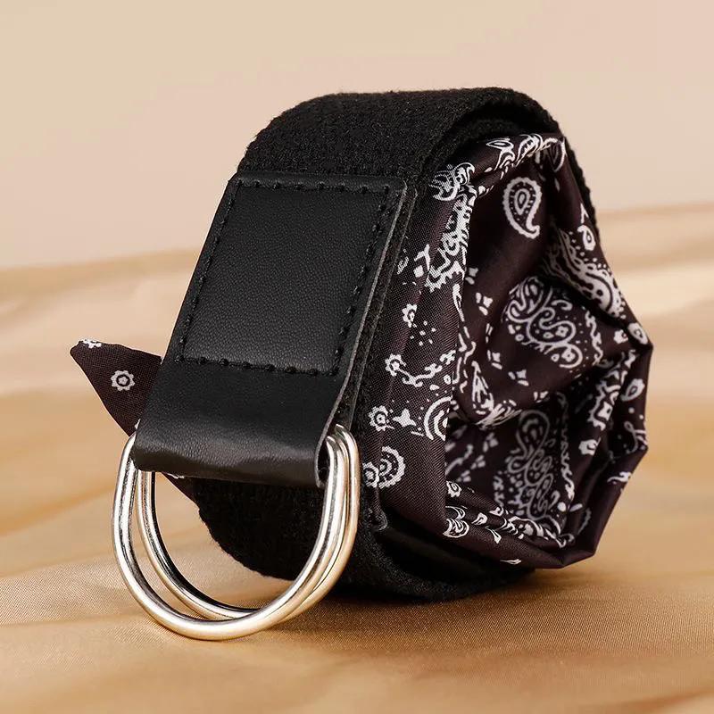 

WTEMPO Canvas Printed Silk Scarf Belt Women s Fashionable Double-loop Buckle Unique Retro Elegant Versatile Belts 1pc чёрный