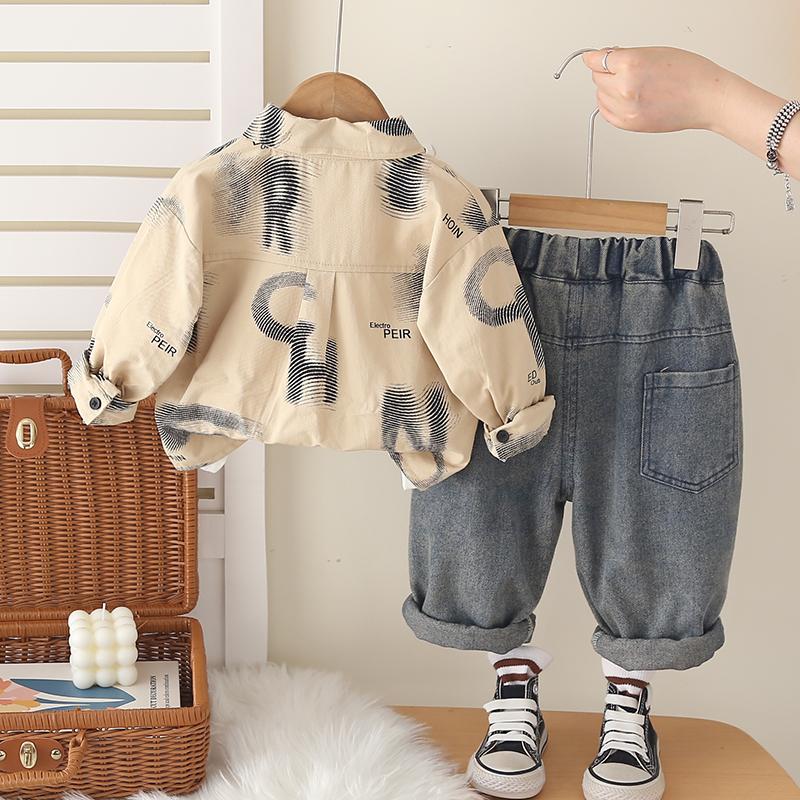 Boys' long sleeved 3-piece set, 0-5-year-old children's printed shirt+white T-shirt+casual pants set, high-quality clothing