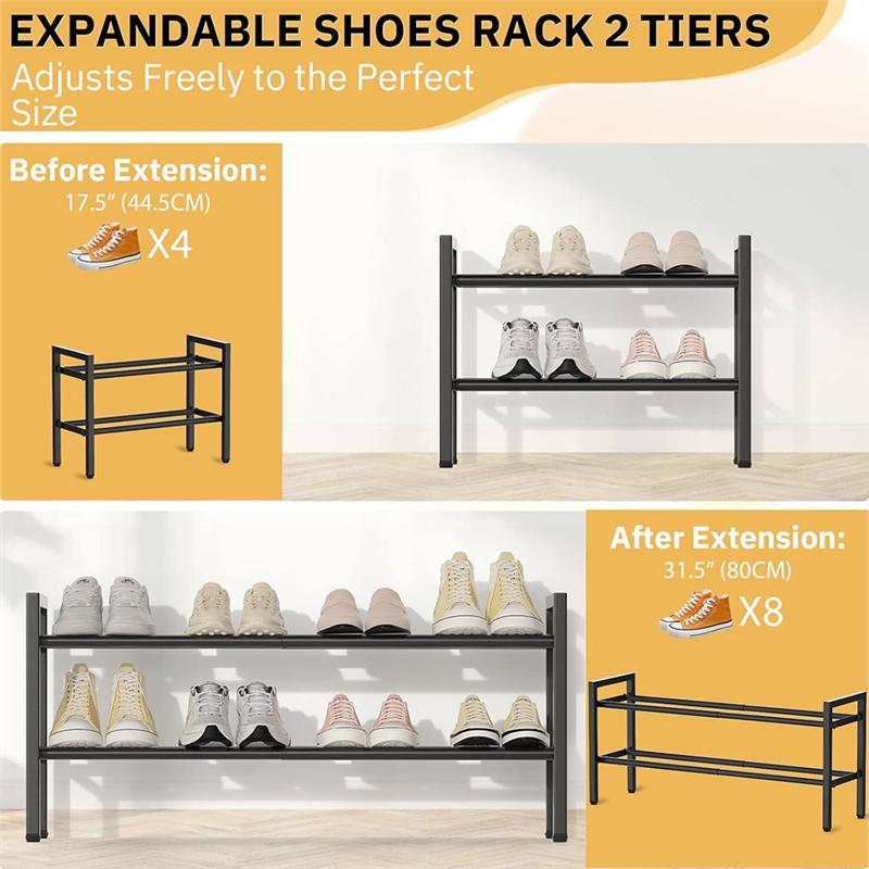 A25F-Shoe Rack 2 Tier Expandable& Stackable, Metal Adjustable For Closet Shelf Organizer Storage For Entryway