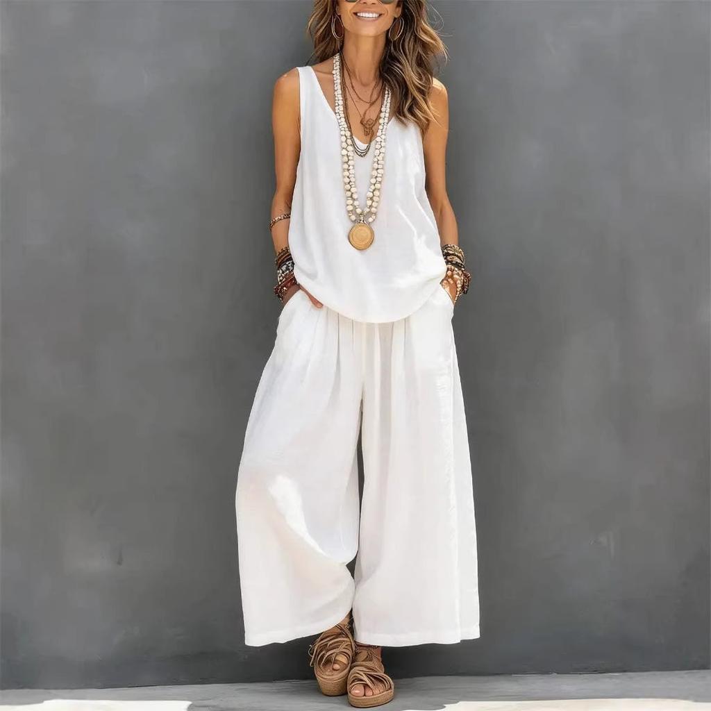 1116 European and American solid color casual sleeveless vest and wide-leg pants cotton and linen women's suit