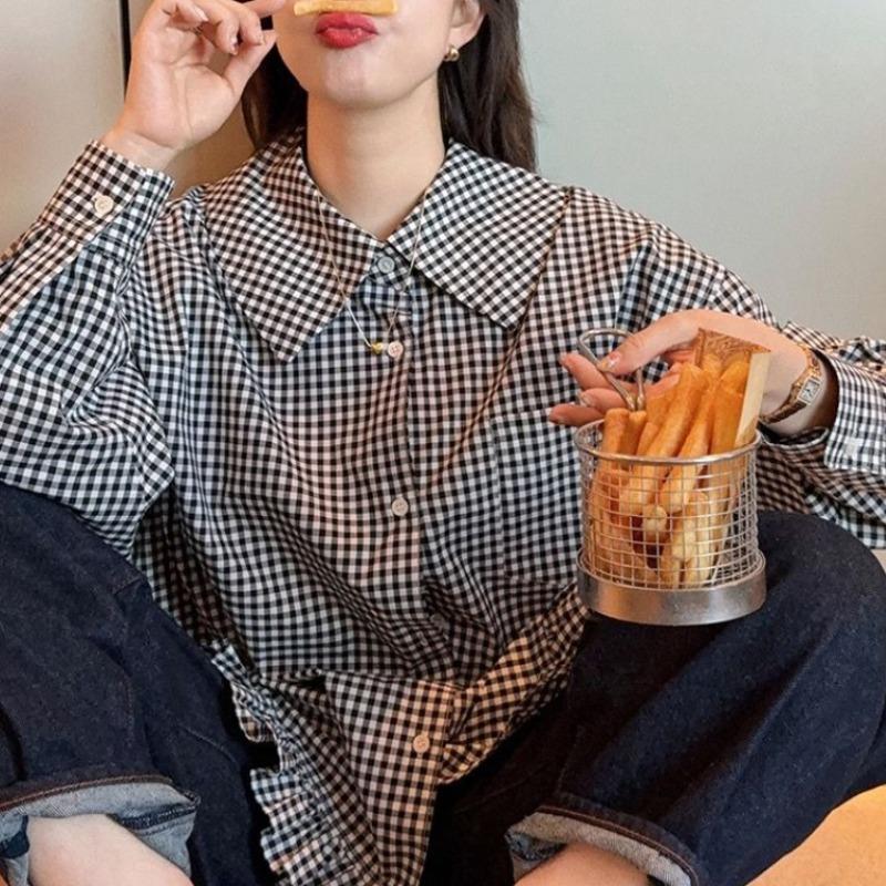 Women's Checkered Shirt spring Flip Collar Single Breasted Ruffle Edge Ladies Shirts Japanese Style Loose Casual Famale long sleeved Top