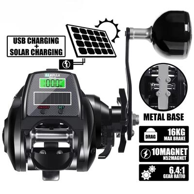 Yeni Büyük Dijital Ekran Elektronik Ekran Su Geçirmez Yem Balıkçılığı Makarası Derin Deniz Buz Balıkçılığı için Somon Balığı Güneş Enerjili + USB Şarjlı Metal Taban