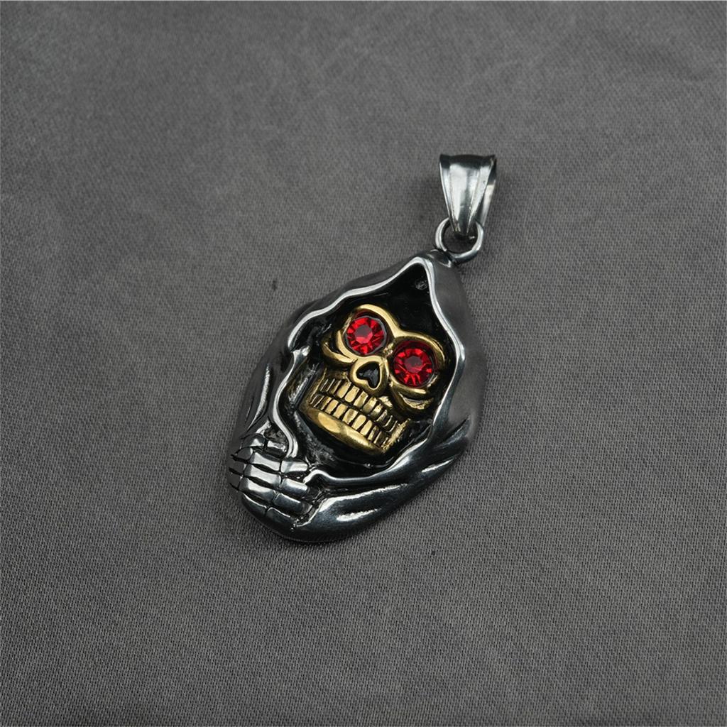 Santa Muerte Skull Pendant Necklace Stainless Steel with Red Zircon Eyes Our Lady of Holy Death Mexican Grim Reaper Punk Jewelry