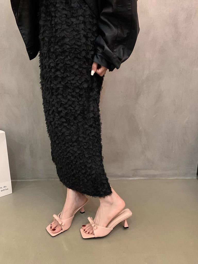 Niche Bow High-heeled Slippers French Small Sandals Muller Half Slippers New High-heeled Sandals Women's Summer Wear
