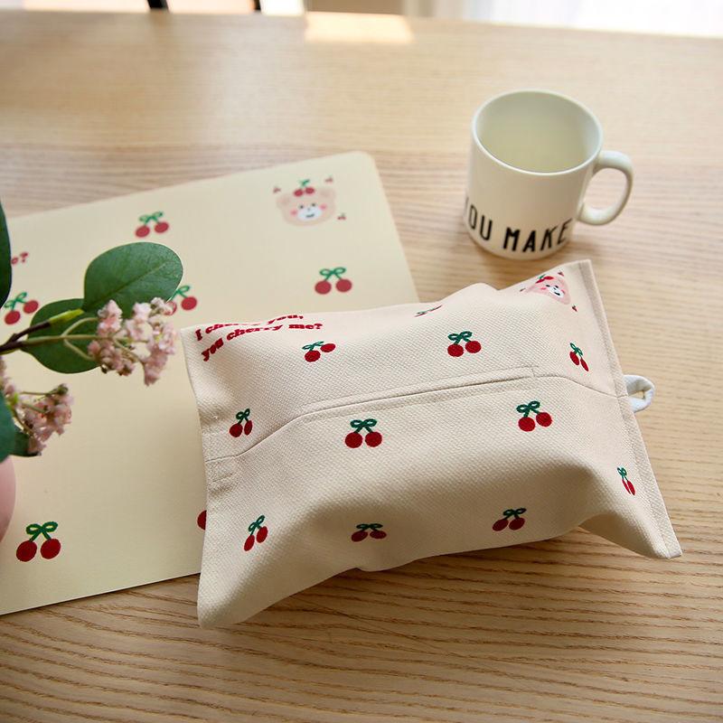 Cute Cartoon Bear Cherry Pattern Fabric Tissue Bag Hanging Linen Tissue Box Cover For Car Home And Travel Use Desktop Organizer