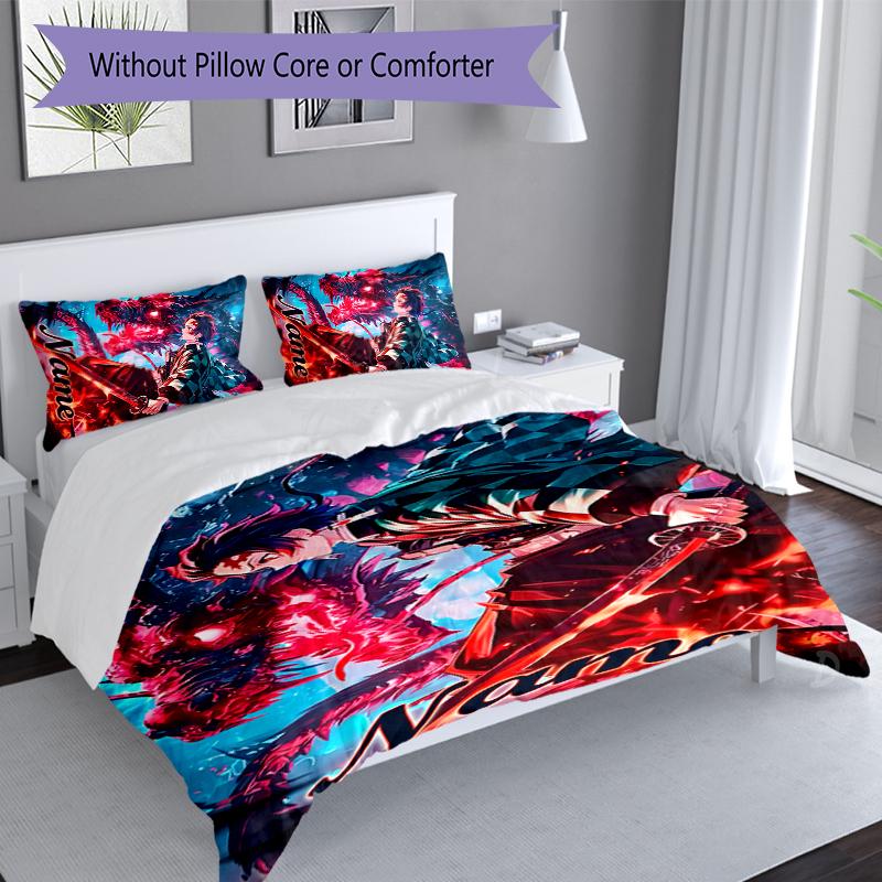3pcs Custom Name Demon Slayer Tanjiro Set,Includes 1 Duvet Cover and 2 Pillowcases,All-season Bedroom Decor
