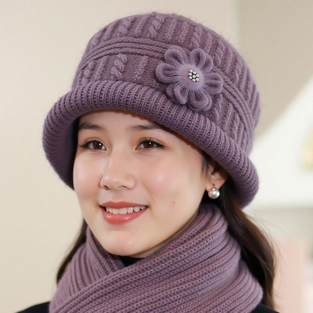 Plush Floral Knitted Bucket Hat Flower Warm Fisherman Hat Retro Woolen Hat Autumn and Winter
