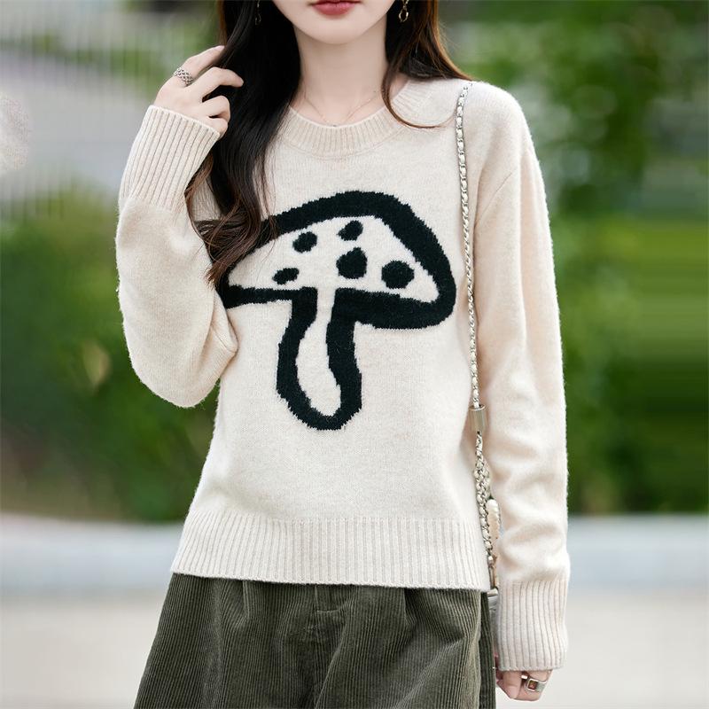 2025 Autumn/Winter Women's Loose Round Neck 100% Wool Knitwear with Mushroom Embroidery and Layered Cashmere Base.