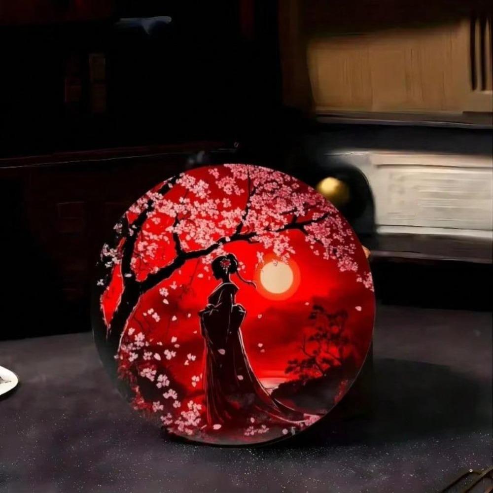 Vintage Japanese Metal Wall Art Cherry Blossom Moon Night Painting Home Decor Gift