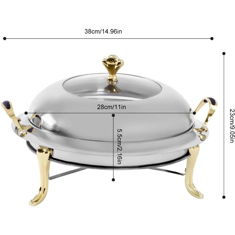 3L Round Buffet Chafing Dish, Stainless Steel/Glass Lid, Gold Handle, Gel Fuel Heater