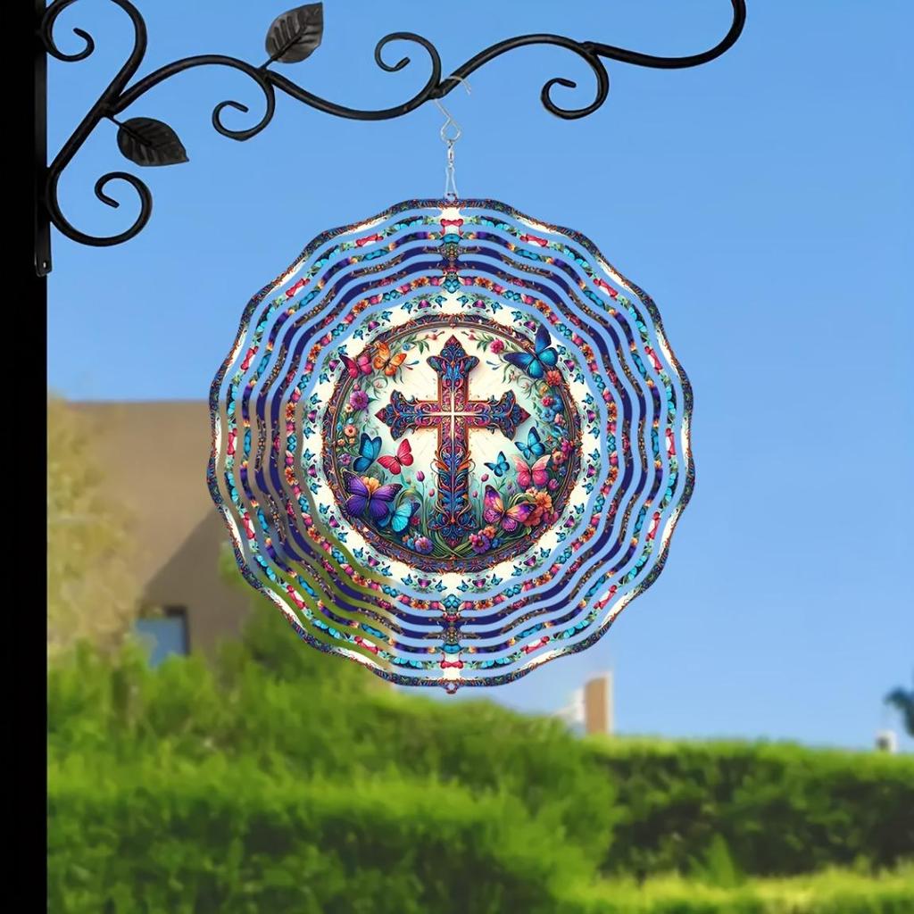 Butterfly Cross Wind Spinner 2D Laser Cut Metal Garden Decor with Floral Design 360 Rotating Hook for Indoor Outdoor Housewarming Gift