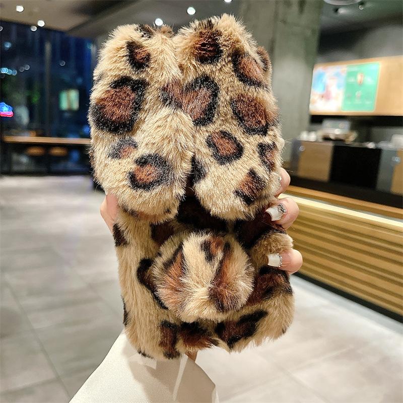 Custodia in Peluche con Stampa Leopardata Cartone Animato e Pelliccia di Coniglio per iPhone 17 Air 16 13 12 11 Pro Max XS XR X 7 8 Plus Copertura Antiurto