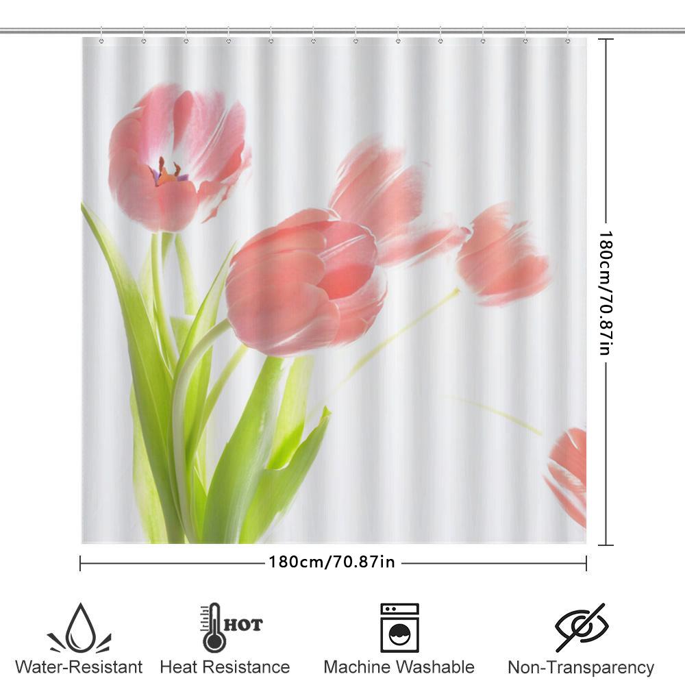 Pink Tulip Shower Curtain Set Bath Decor for Kids Bathroom Waterproof Fabric with Hooks (White)