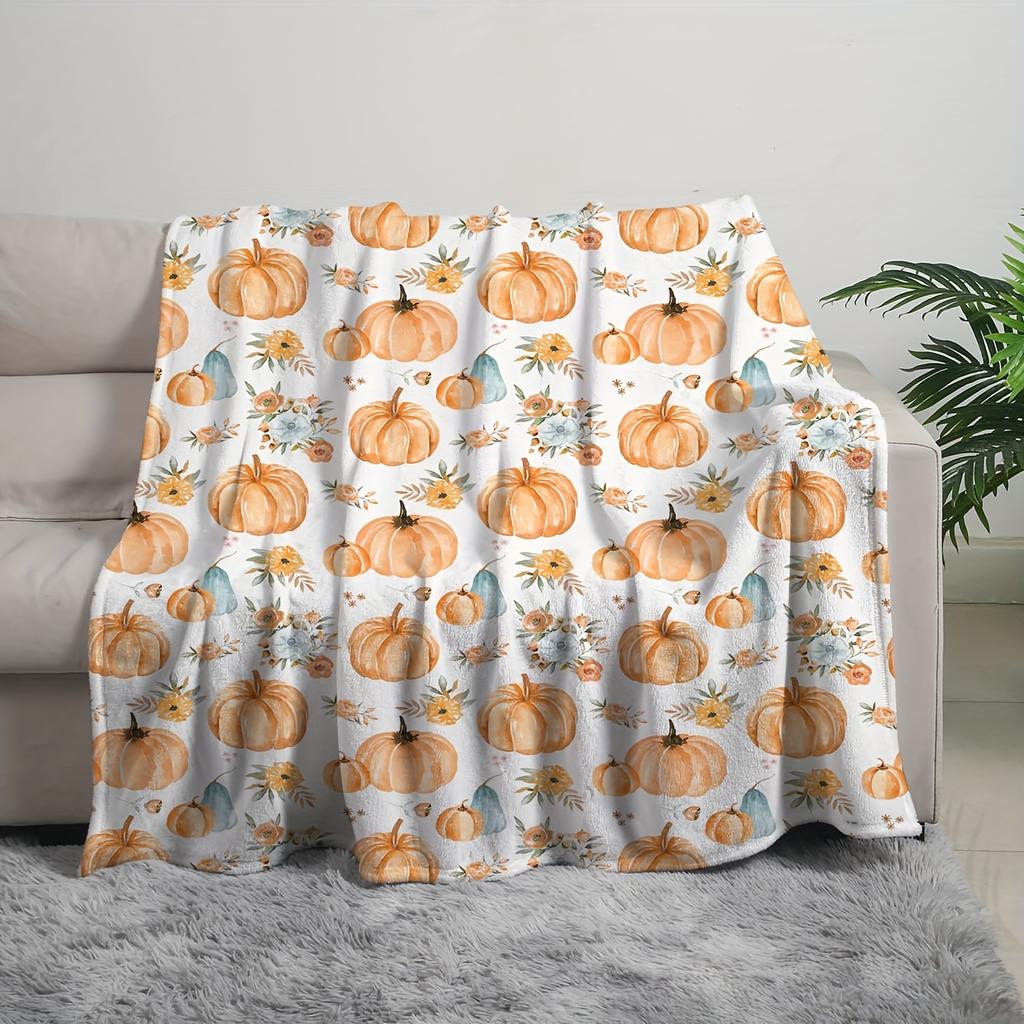 [Pumpkin Autumn Blanket] 1pc Reversible Pumpkin Autumn Blanket - Soft 100% Polyester All-Season Throw with Vibrant Fall Harvest