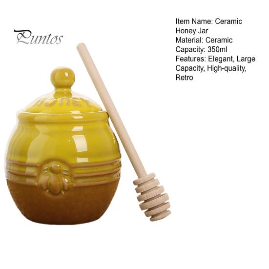 350ml Ceramic Honey Jar Farmhouse Honey Pot with Wood Honey Dipper Stick Retro Honey Dispenser Kitchen Decor for Mother's Day Wife Gift