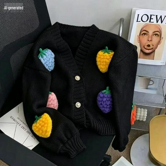 Women's Korean Dongdaemun Strawberry Knit Cardigan - Hand-embroidered, Cozy Autumn/Winter Sweater, Stylish & Quality Design