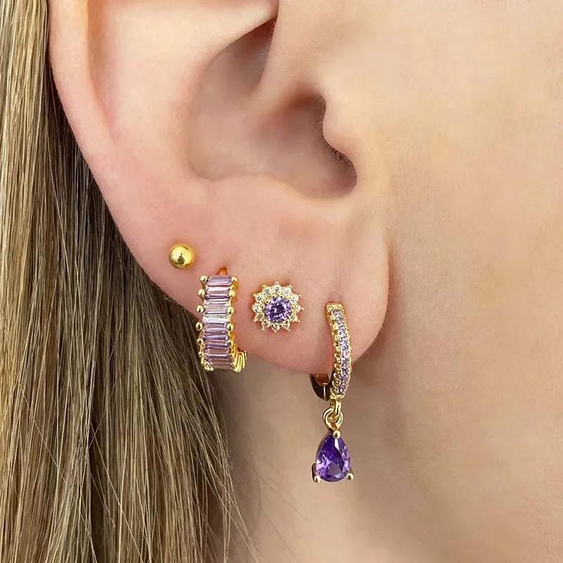 Damen 925 Silber Ohrstecker Lila Zirkon Ohrringe Creolen Lila Kristall Anhänger Ohrring Mode Hochzeits Schmuck