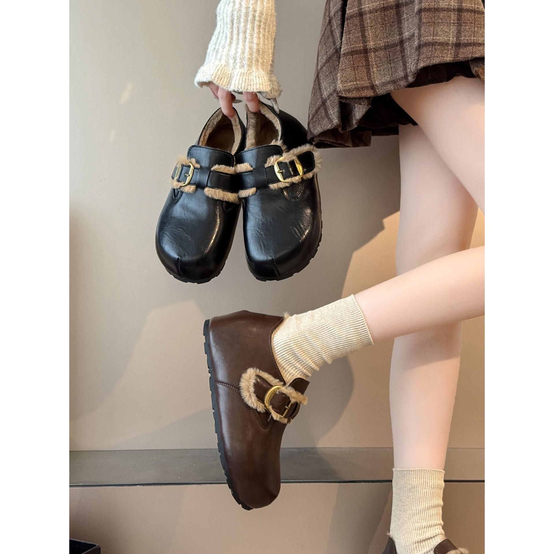 Ван Фань, черные замшевые Birkenstocks на толстой подошве с внутренней танкеткой, зимние теплые хлопковые туфли. 40 темно-коричневого