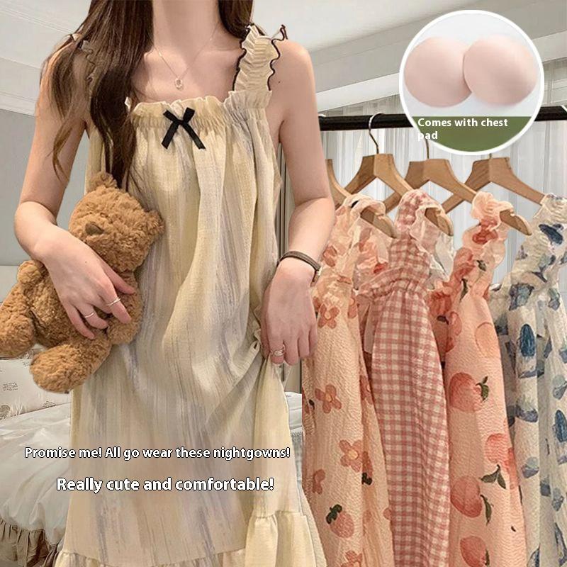 Summer Ladies Nightgown Halter Nightgown Women Summer Vest Nightgown with Bra Pads Worn Outside Home Wear