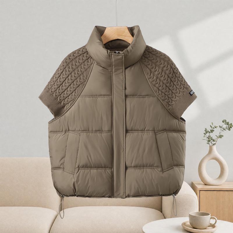 Fashion Knitted Stitching Stand-up Collar Cotton Vest Women Autumn Winter Short Warm Loose Sleeveless Ladies Waistcoat Coat