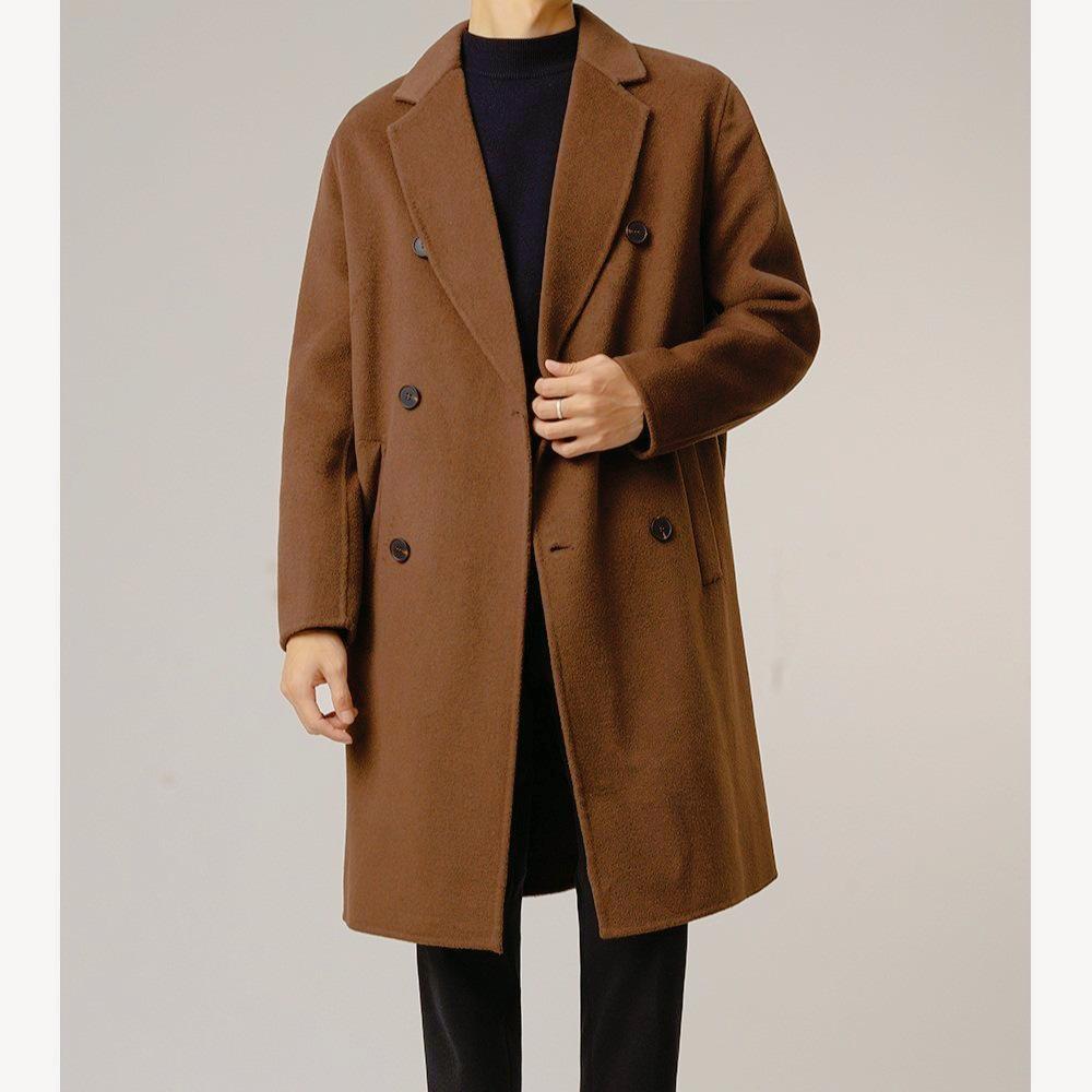 Men's Double-breasted French-Style Trench Coat: Autumn/Winter Korean-Inspired Trendy Woolen Coat with Drop Shoulders