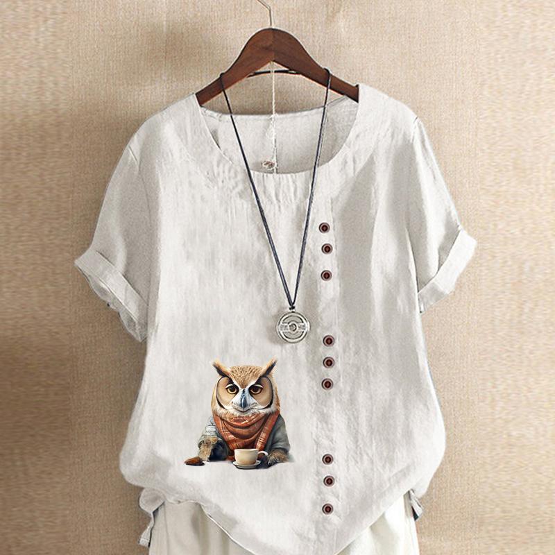 

Женская модная футболка с коротким рукавом и принтом совы, свободная хлопковая рубашка, повседневная свободная летняя блузка, топы больших размеров 5XL белый
